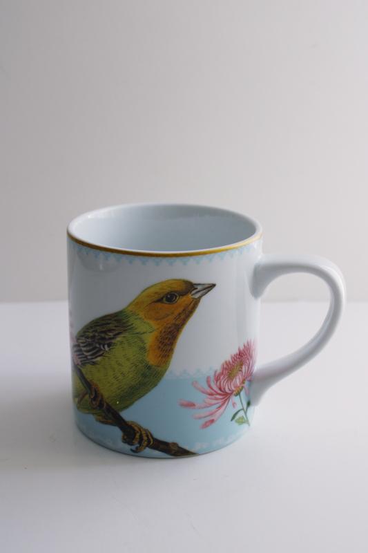 Williams Sonoma coffee mug, Spring Garden w/ gold finch bird, bee and pink flower