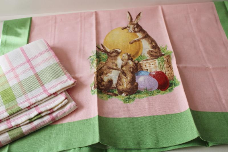 Williams Sonoma cotton kitchen dish tea towels, vintage style Easter bunny, pink green plaid