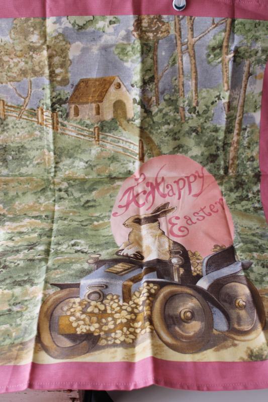 Williams Sonoma print cotton kitchen dish tea towel, Easter bunny motorcar vintage style graphics