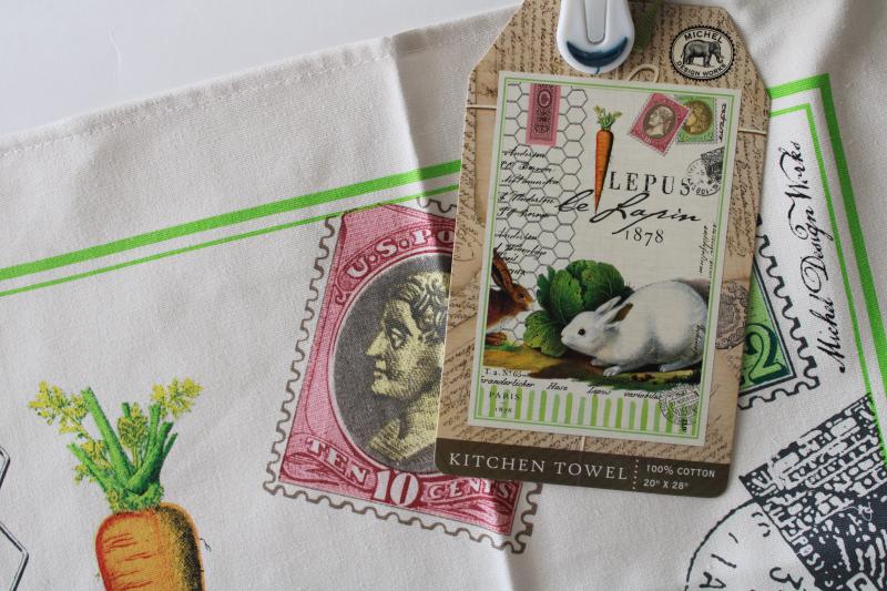 Williams Sonoma print cotton kitchen dish tea towel, Easter bunny motorcar vintage style graphics