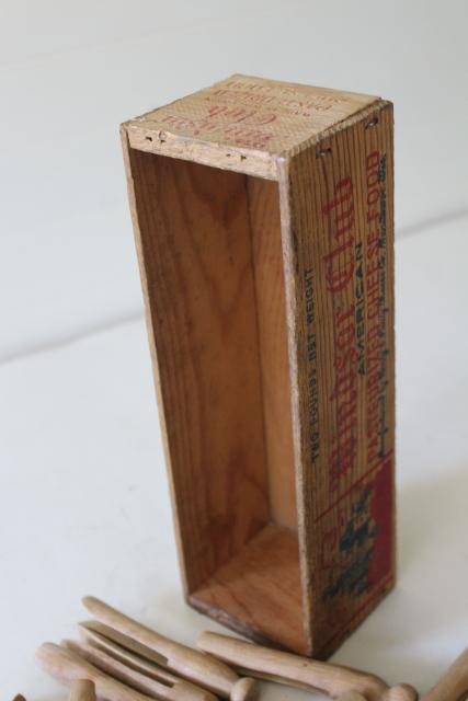 Windsor Club vintage wood cheese box with primitive old wooden clothes pegs clothespins