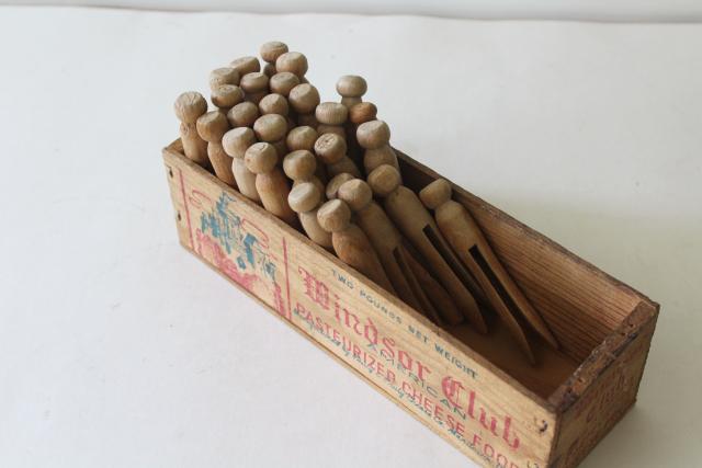 Windsor Club vintage wood cheese box with primitive old wooden clothes pegs clothespins