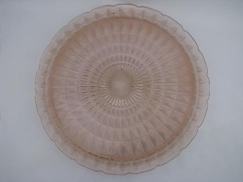 Vintage pink depression glass cake or torte plate, 13" in diameter ove...