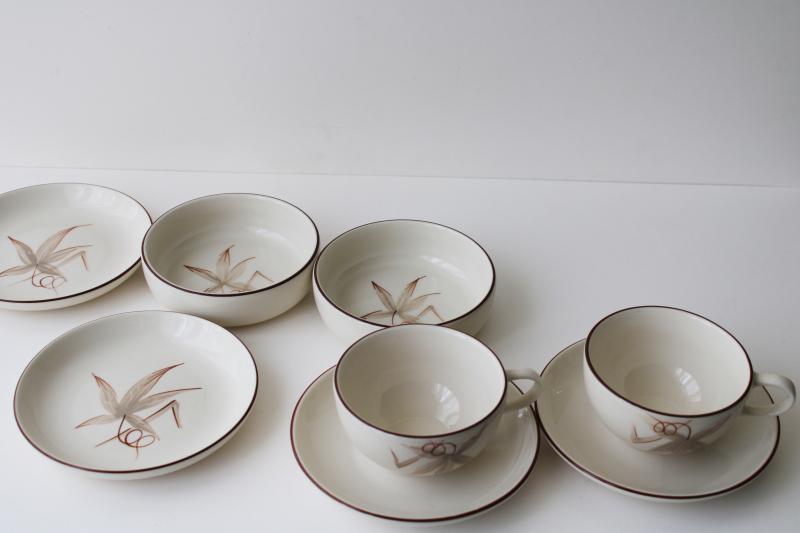 Winfield Ware passion flower pottery dishes, mid-century mod vintage breakfast set
