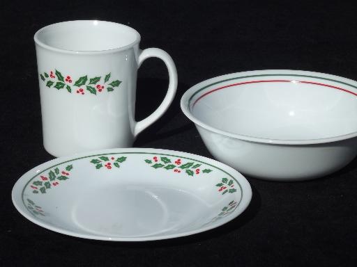 Winter Holly Corelle dishes setfor 8, Christmas mugs, bowls, plates