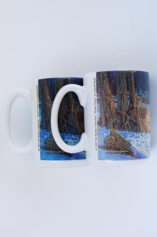 Winter Tracks campfire w/ snowshoes Darrell Bush print coffee mugs, 1990s vintage