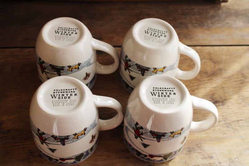 Winterside holiday dinnerware, 2000s vintage Tienshan china stoneware coffee mugs