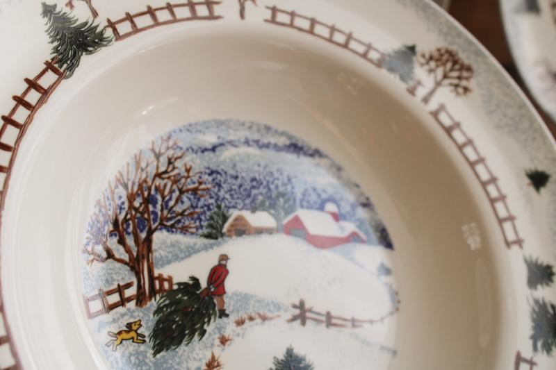 Winterside holiday dinnerware, 2000s vintage Tienshan china stoneware soup bowls