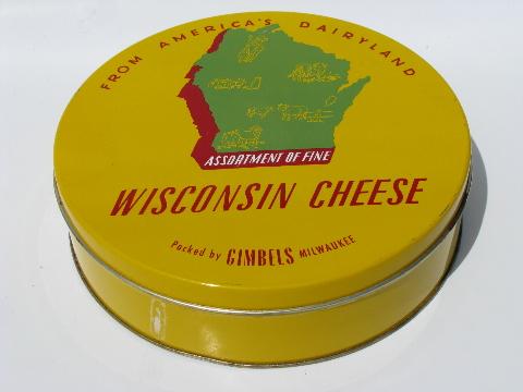 Wisconsin cheese boxes, America's Dairyland map, two vintage tins