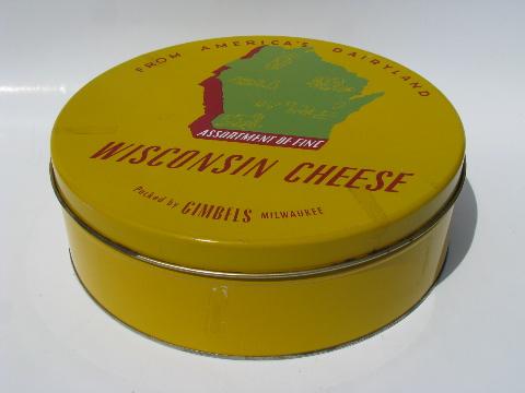 Wisconsin cheese boxes, America's Dairyland map, two vintage tins