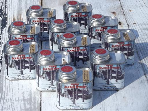 Wisconsin maple syrup tins, lot of old metal litho cans 80s vintage