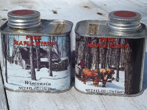 Wisconsin maple syrup tins, lot of old metal litho cans 80s vintage