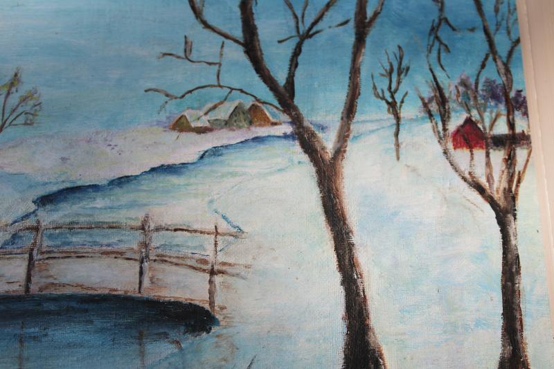 Wisconsin winter landscape original painting mid-century vintage framed folk art