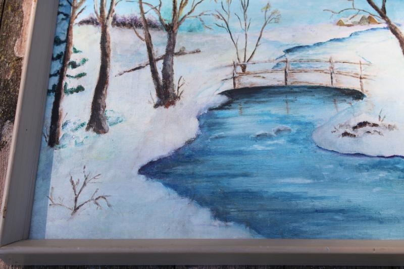 Wisconsin winter landscape original painting mid-century vintage framed folk art