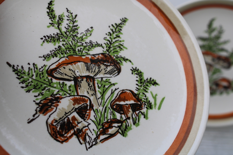 Woodland Magic mushrooms  ferns pattern ceramic plates, 70s vintage USA Royal china