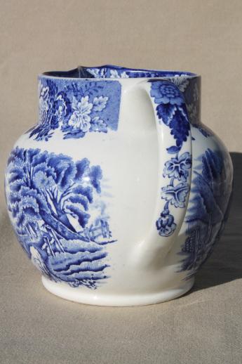 Woods Ware English Scenery milk jug pitcher w/ cows, vintage blue & white transferware china