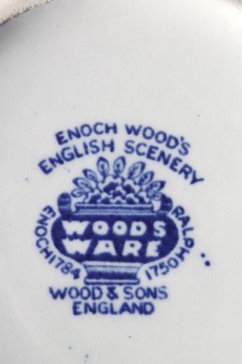 Woods Ware English Scenery milk jug pitcher w/ cows, vintage blue & white transferware china