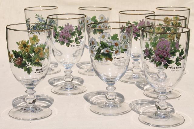 Worcester Herbs pattern glassware, water or wine glasses, Royal Worcester go-along goblets