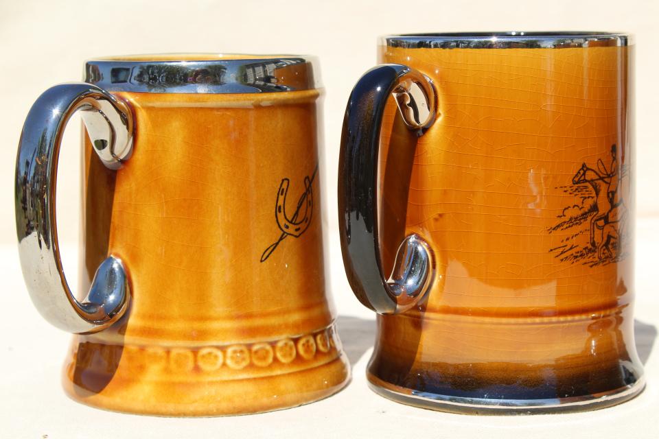 Ye Olde Coaching and Hunting Days English pottery tavern mugs, beer or ale cups