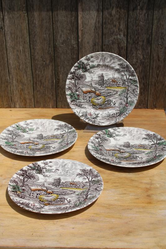 Yorkshire scene multicolored transferware dinner plates, vintage English Staffordshire china