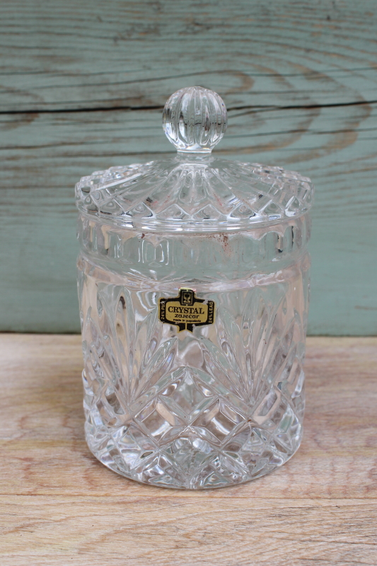 Zajecar Yugoslavia label lead crystal candy jar or humidor, vintage glass canister w/ lid