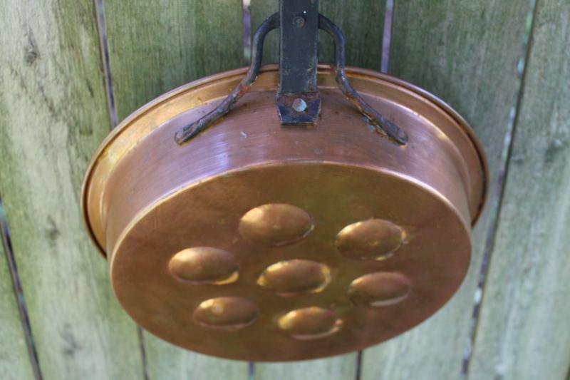 aebelskiver pan, vintage copper pan w/ long forged iron handle, rustic kitchen decor
