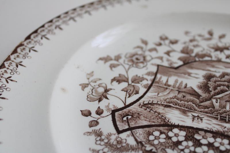 aesthetic design antique brown transferware china plate, English cottage scene