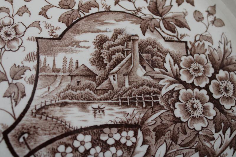 aesthetic design antique brown transferware china plate, English cottage scene