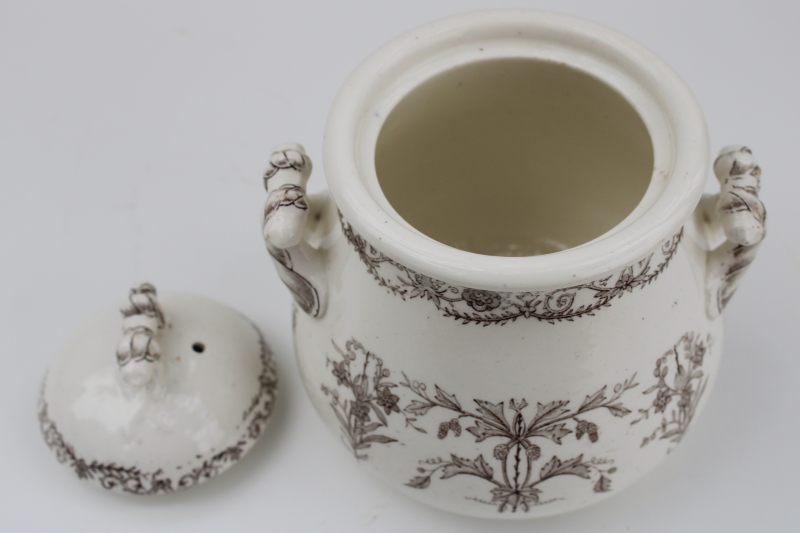 aesthetic period antique brown transferware ironstone china biscuit jar Lahore pattern