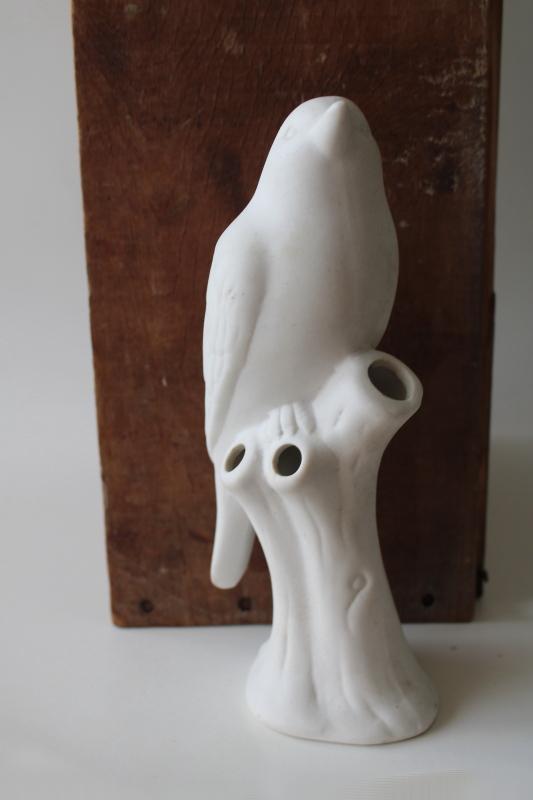 all white bisque china bird flower holder figurine vase, vintage farmhouse decor