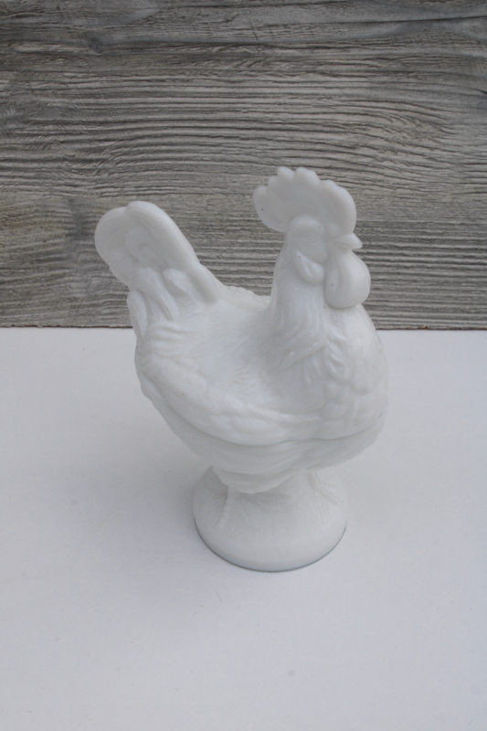 all white milk glass rooster, vintage Westmoreland glass hen on nest candy dish