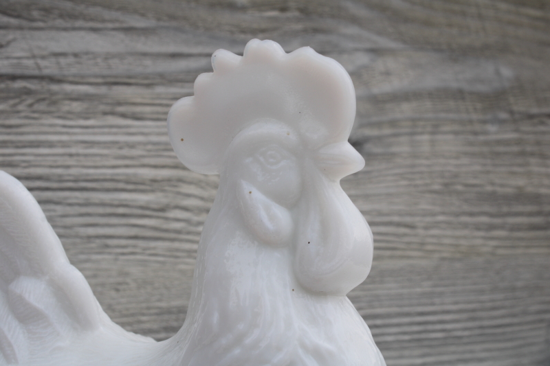 all white milk glass rooster, vintage Westmoreland glass hen on nest candy dish