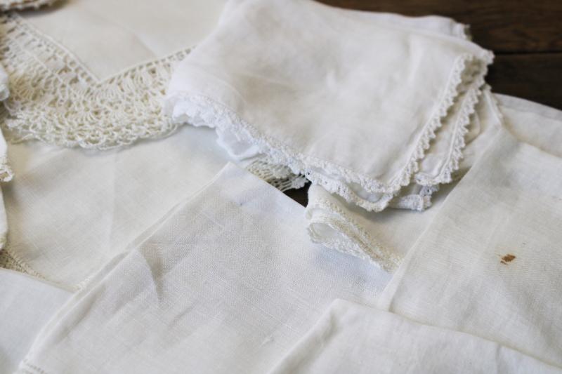 all white vintage cotton linen hankies, handkerchiefs w/ crochet lace edgings