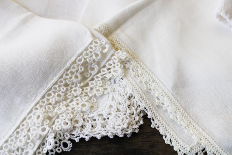 all white vintage cotton linen hankies, handkerchiefs w/ crochet lace edgings