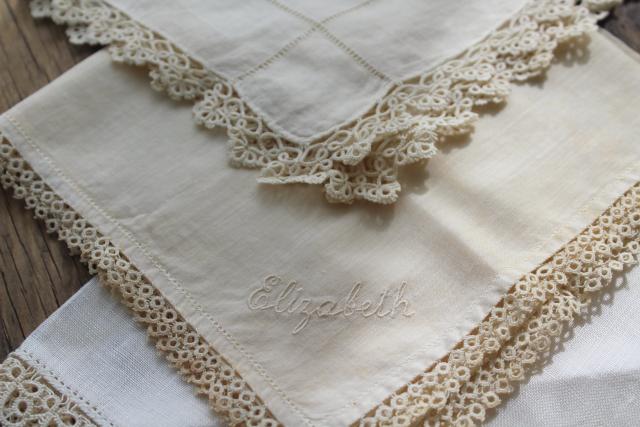all white vintage cotton linen hankies, handkerchiefs w/ handmade lace tatting, tatted edging