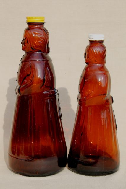amber glass Mrs Butterworth syrup bottle lot, lady shape bottles for dolls or crafts