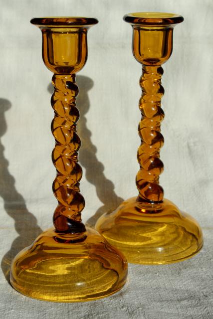 amber glass barley twist candlesticks, pair of vintage Tiffin glass candle holders