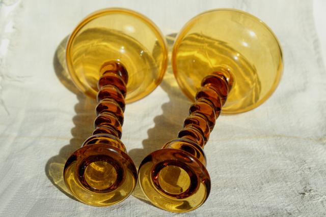 amber glass barley twist candlesticks, pair of vintage Tiffin glass candle holders