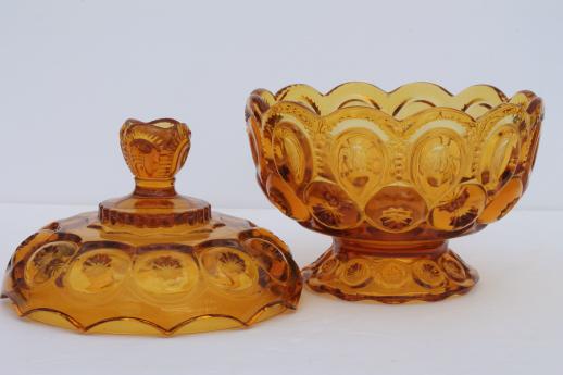 amber glass candy dish, vintage moon and stars pattern pressed glass bowl w/ lid