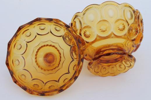 amber glass candy dish, vintage moon and stars pattern pressed glass bowl w/ lid