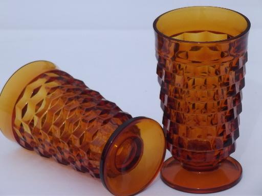 amber glass cube pattern iced tea glasses, vintage Whitehall footed tumblers