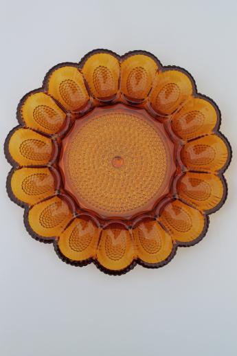 amber glass deviled egg plate, vintage Indiana glass egg plate relish tray