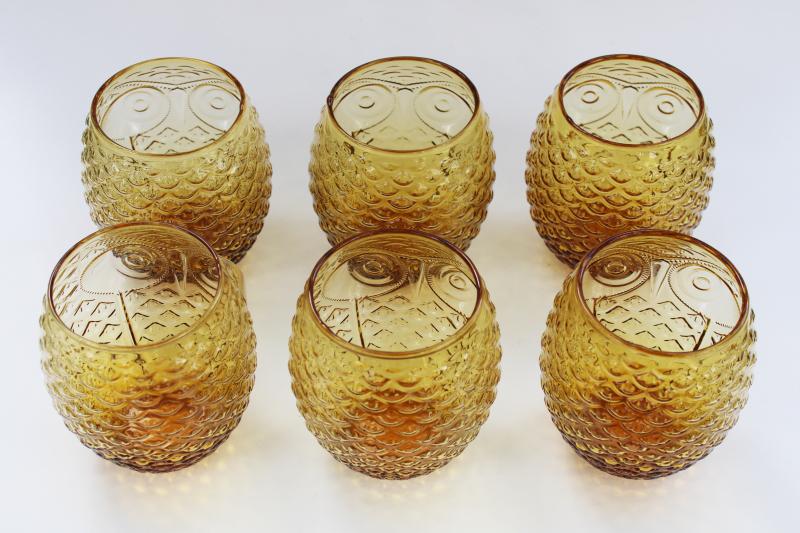 amber glass owls roly poly tumblers, drinking glasses or hurricane candle holders