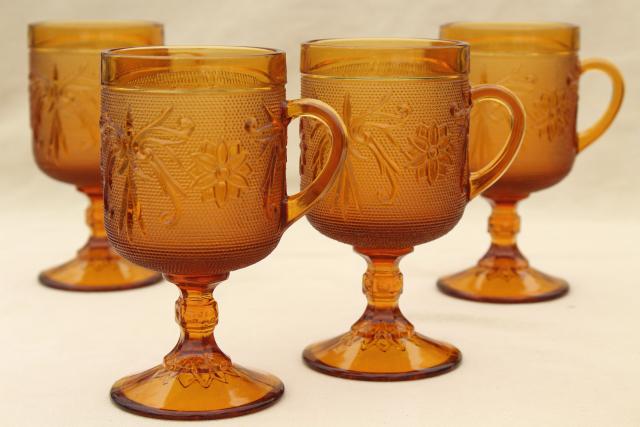 amber glass sandwich daisy pattern footed tall cups, vintage Tiara / Indiana glass