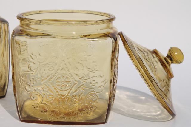 amber yellow depression glass cookie biscuit jars, Indiana Recollection & Federal Madrid