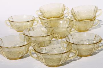 amber yellow depression glass cream soup bowls, Madrid / Recollection pattern glass 