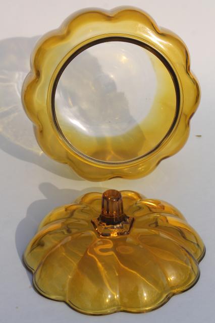 amber yellow pumpkin, glass cookie jar canister for fall harvest table, Halloween or Thanksgiving