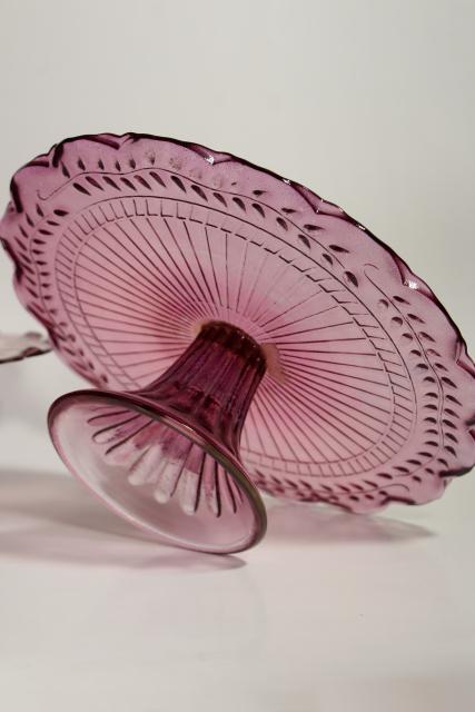 amethyst pink colored glass cake stands, scalloped edge laurel vines, tower of graduated sizes