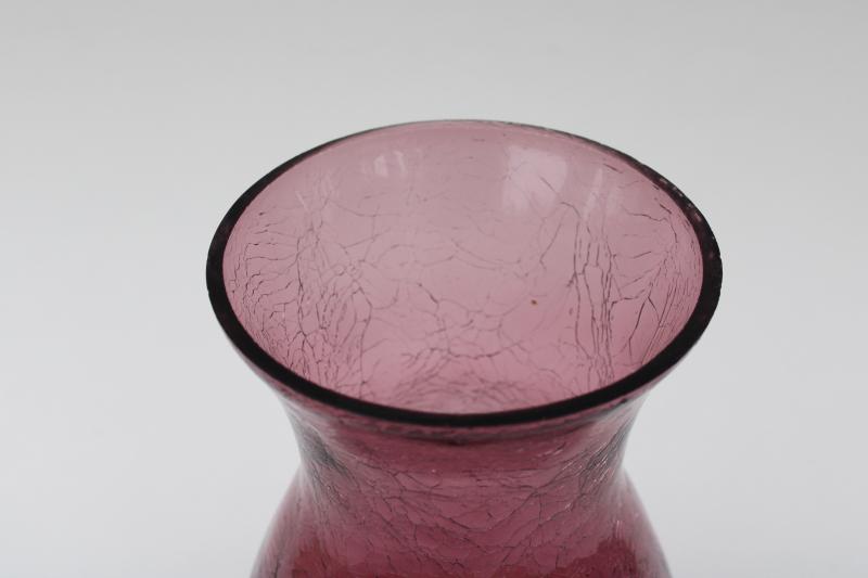 amethyst purple crackle glass vase, vintage hand blown art glass
