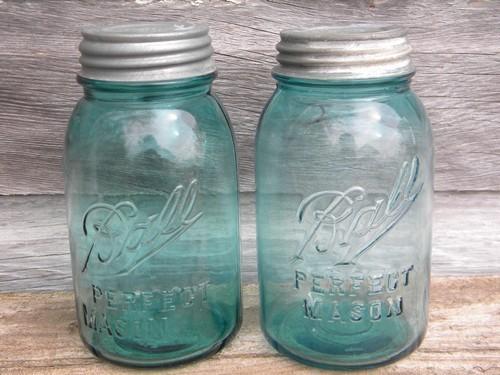 antique 1 quart blue glass fruit jars - Ball Perfect Mason, lot of 4
